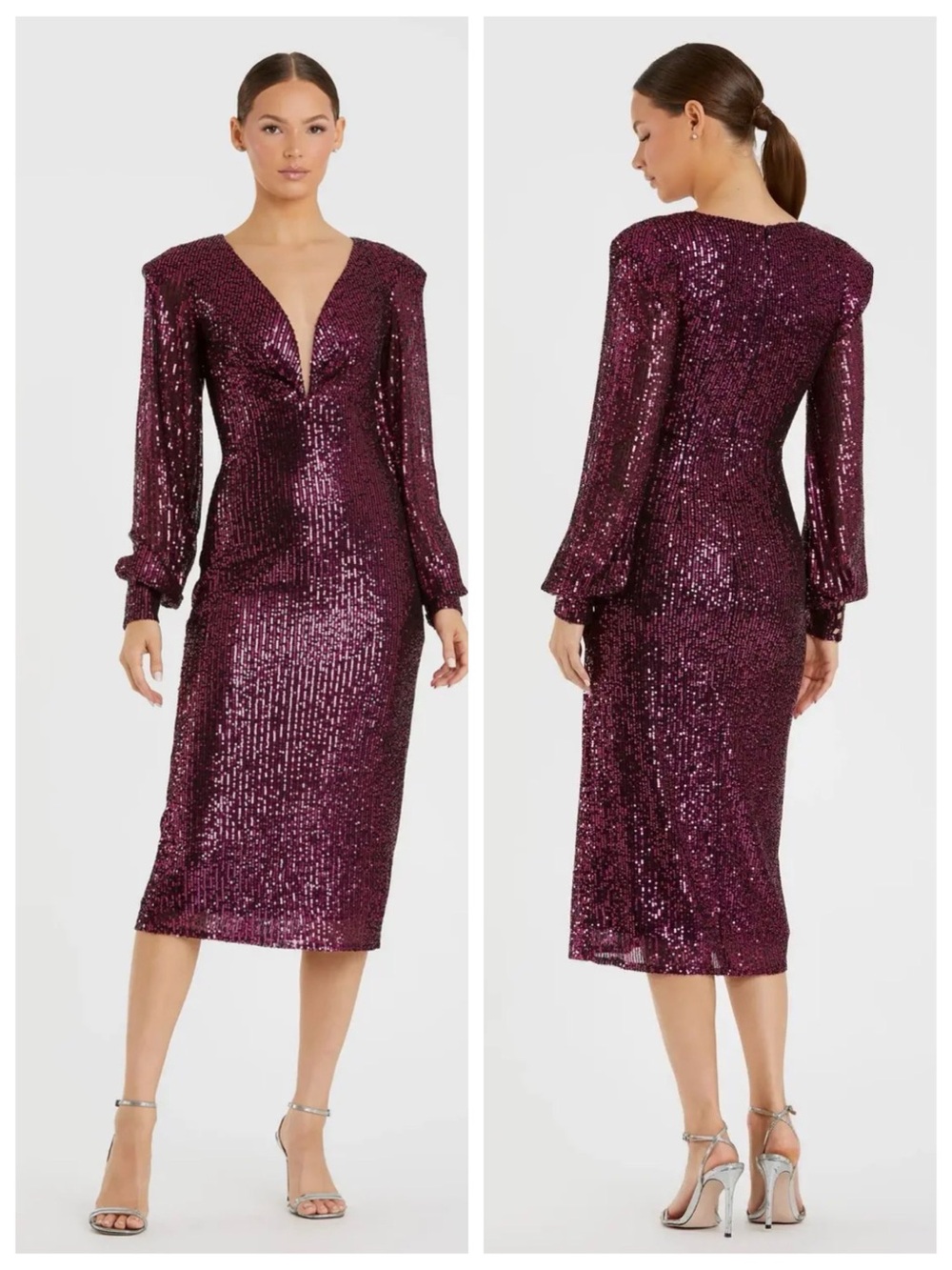 Ieena Mac Duggal 26866 Magenta Sequin Bishop Sleeve Midi Cocktail Dress | 14 NWT
